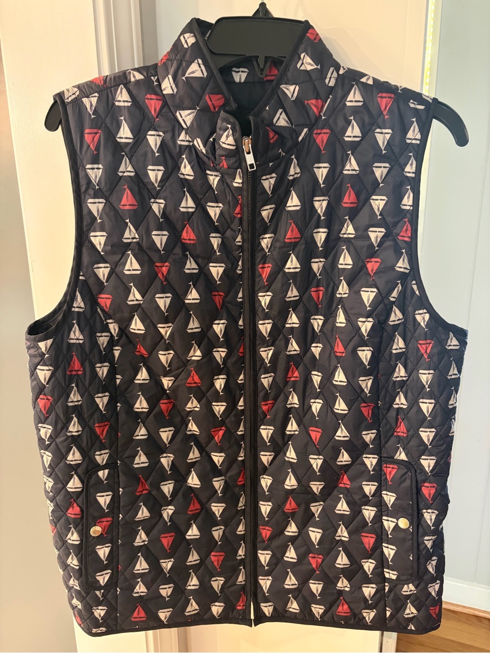 Talbots Quilted Navy Vest with Red & White Sailboat Print